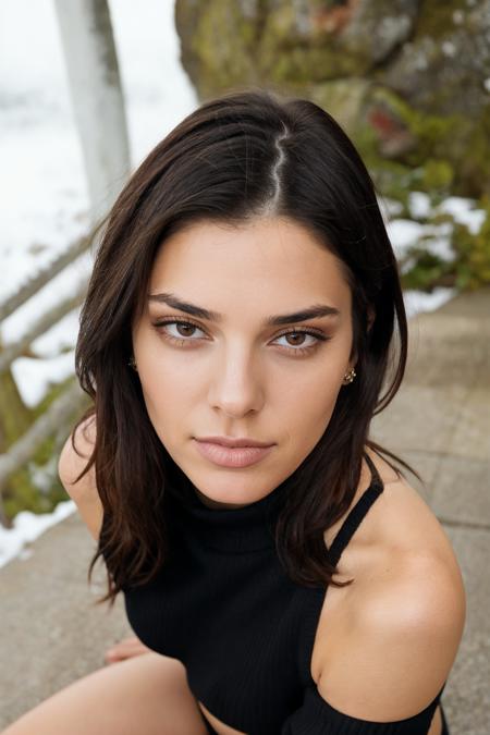 photography of kendalljenner,  <lora:kendalljenner-512-512-vae-000095:0.6> , black hair, mascara makeup eyes , eyeliner, long eyelashes, dark brown eyes colors, hard light, on the stairs, from above, Snow , <lora:JPGIrlUndressingMix1:0.5>, underwear, bra, arms up, Black sweater, SITTING DOWN POSE