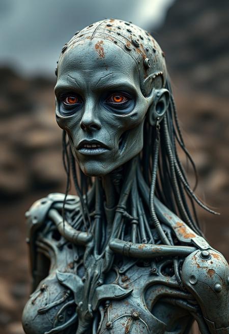 full body image of a gorgeous biomechanical zombie realistic woman, highly detailed and textured, wide angle, very realistic and impressive, fantastic dramatic color, 32K, HDR, SHARP