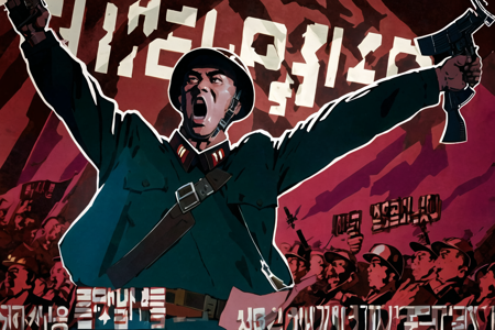 open mouth, long sleeves, 1boy, holding, jacket, upper body, weapon, male focus, multiple boys, solo focus, holding weapon, uniform, black eyes, arm up, gun, military, military uniform, copyright name, helmet, holding gun, red background, rifle, 6+boys, korean text, soldier, soviet, military helmet, army, <lora:DPRKPropaganda:1>