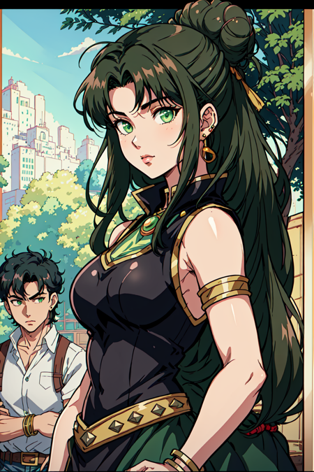 1boy, 1girl, black hair, border, bracelet, breasts, brown hair, closed mouth, cowboy shot, dress, green hair, ground vehicle, hair bun, jewelry, letterboxed, lips, long hair, medium breasts, short hair, solo, stud earrings, tree, upper body <lora:MjManga:0.8> mj manga