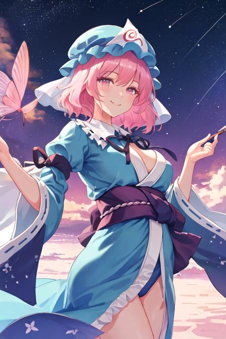 best quality, masterpiece, highres, solo, {night:1.10}, {starry sky:1.10}, beach, beautiful detailed sky, {extremely detailed background:1.20}, {saigyouji_yuyuko_touhou:1.15}, {standing:1.10}, looking at viewer, {bikini:1.30}, pink_hair, triangular_headpiece, hat, short_hair, pink_eyes, mob_cap, blue_headwear, bangs, smile, hair_between_eyes, upper_body, sash, breasts, ribbon, light smile