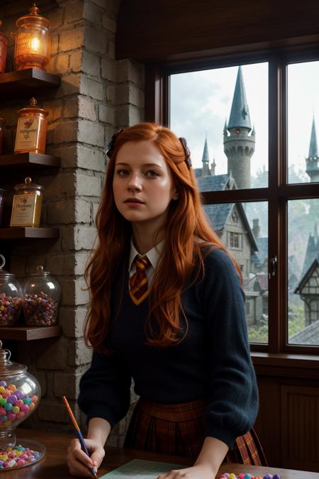 GWBW, (A ginger haired witch look at the window of a candy store in Hogsmeade:1.2), (wearing a school uniform from Hogwarts, gryffindor:1.3), night lighting, impressive natural scenery and a peaceful atmosphere, creating a breathtaking visual spectacle, ink stroke realistic film style, thick strokes, masterpiece, high quality, centered, perfect composition, detailed, hdr, epic background, line art, digital illustration, comic style, dynamic, highly detailed, artstation, concept art, smooth, sharp focus, illustration, Thomas Moran style, art by Carne Griffiths and Wadim Kashin, detailed background, 60-30-10 color rule, warm tones, godrays, unreal engine, greg rutkowski, loish, rhads, beeple, makoto shinkai and lois van baarle, ilya kuvshinov, rossdraws, tom bagshaw, alphonse mucha, global illumination, detailed and intricate environment <lora:more_details:0.25> <lyco:GoodHands-beta2:1.0>