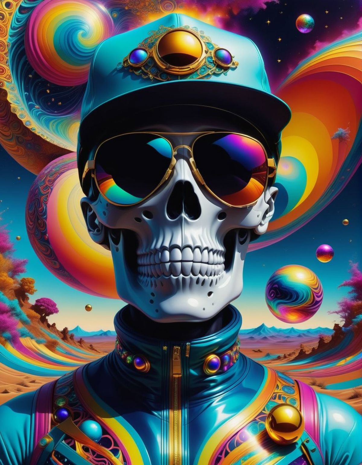 A skeleton wearing a blue hat and sunglasses, surrounded by colorful orbs.