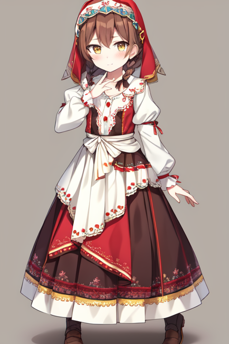 slavic dress, closed mouth, full body, short hair, yellow eyes, standing, braid, blush, brown hair, ribbon, jewelry