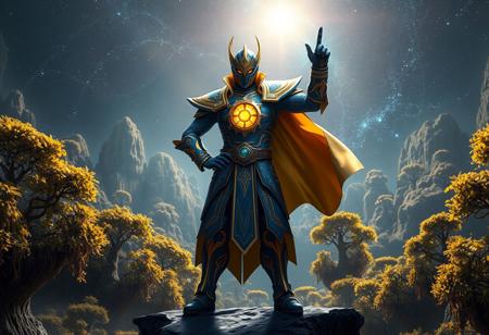 A cosmic epic Galaxy Wizard hovers above an ancient, mystical forest. Clad in intricate blue and gold armor featuring a luminous yellow emblem, a golden cape billows dramatically. He stands in a dynamic, action-ready pose, left hand on hip, right pointing upwards. Captivating light rays, deep shadows. Cinematic, detailed concept art, trending on ArtstationHQ, CGSociety, 4k resolution, Octane render, Unreal Engine 5, Golden Ratio, sharp focus, impeccable composition.