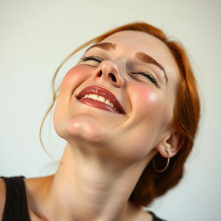 Beautiful redheaded woman with nostrils wide, face flushed, mouth slightly open, head tilted back a bit, eyes half closed, pleased, aroused, head shot