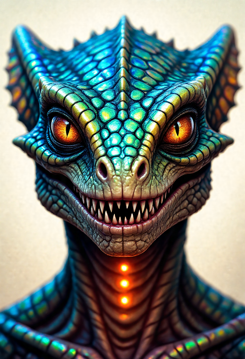 A close-up of a reptilian alien’s face, scales shimmering with iridescent colors, with sharp teeth, and slit-pupiled eyes staring intensely, while heat-sensing organs glow faintly around its jawline.