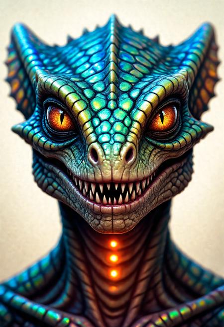 A close-up of a reptilian alien’s face, scales shimmering with iridescent colors, with sharp teeth, and slit-pupiled eyes staring intensely, while heat-sensing organs glow faintly around its jawline.