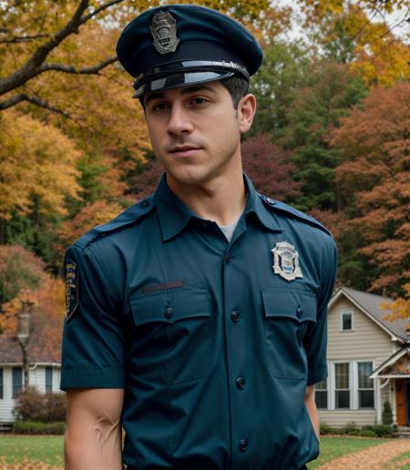 High quality detailed photo, a fit davidhenrie person is dressed in police uniform outdoors, autumn, trees and a house in the background, ((realistic)), <lora:davidhenrie_12150:1>