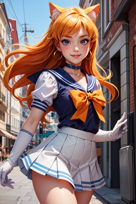 (masterpiece, best quality:1.4), high detail, (detailed face), detailed eyes, detailed background,dramatic lighting, Venus1, 1Girl, Solo, Sailor Warrior Uniform, Sailor Venus, Minako Aino, Blonde, Magical Girl, Blue Eyes, Orange Skirt, Elbow Gloves, cat ears, Pleated Skirt, Bow, Orange Sailor Collar, Miniskirt, Choker, Red Bow, Orange Choker, White Gloves, Extra Long Hair, Jewelry, Earrings, Cowboy Gun, Smile, Outdoor, Street, Run, Jump <lora:more_details:0.3> <lyco:GPTS4 dreamwave full_478773:0.3> <lyco:GoodHands-beta2:1.0>