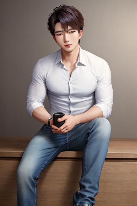 a hansome  korean man  wearing   jeans with big eyes, (masterpiece), (portrait), (raw photo), (extremely detailed CG unity 8k wallpaper) Intricate, Sharp focus, dramatic, photorealistic  art