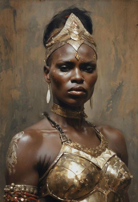 Full shot, front view, masterful painting in the style of Anders Zorn | Marco Mazzoni | Yuri Ivanovich Pimenov, oil on canvas, full shot of Grace Jones as an african warrior princess, amazing perfect body, hyper muscular, Young woman, from the ancient Cimmeria, relaxed expression, dirt armour texture, standing pose