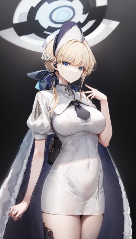 (shiny_skin:1.2),1girl,solo, toki,halo,large_breasts,necktie,hat,very long hair,short sleeves,dress,(detailed_face:1.2),medium breasts,white background,cowboy shot,looking at viewer, :o,expressionless,

<lora:toki (blue archive):1:MIDD> <lora:pencil_dress-2:1:MIDD> <lora:画风-agm-1280:1:OUTALL>