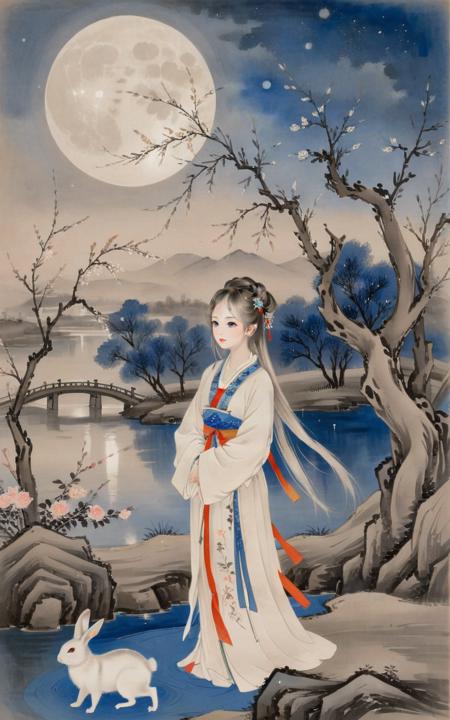 traditional chinese ink painting,willow branches,willow tree in background,wuchangshuo,black and white ink painting,
best quality, 1girl, solo, rabbit ears,white hair, very long hair, blue eyes, hanfu,standing,from side, look up,(full moon),cloudy sky,starry sky,  flowers, lake, (night),lantern, (chinese architecture)