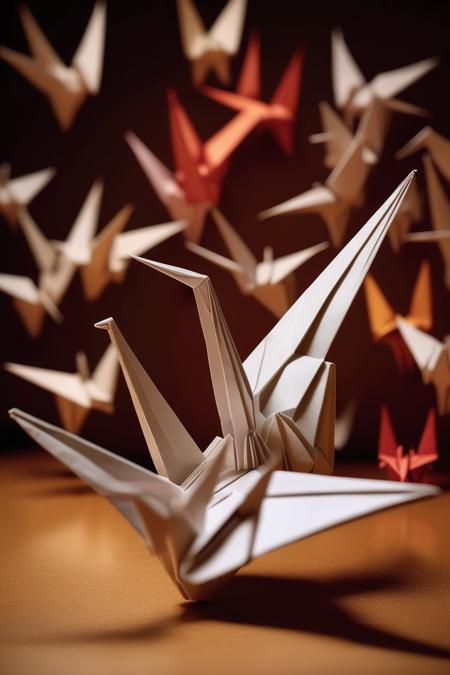 <lora:ORIGAMI:1>ORIGAMI - With a dramatic spotlight, highlight the beauty of an origami artist's intricate paper crane as they fold it with masterful precision.