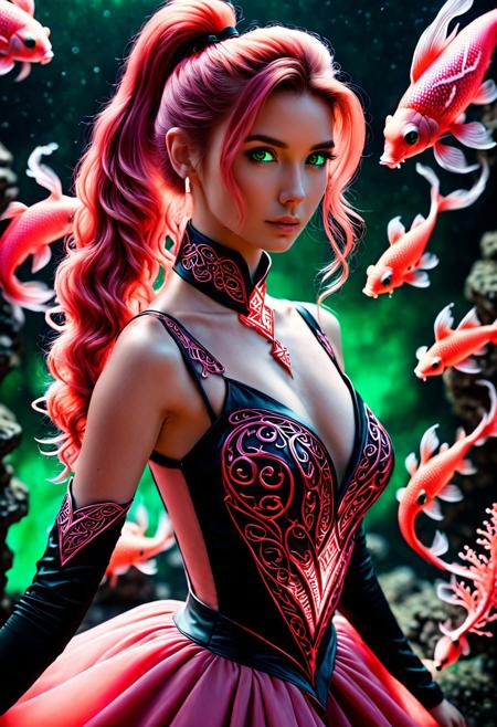 PonyScores, available light, in spring, dusk, sunset, shy, posing, stylish_pose, 1girl, cute, skinny, (((30 years old))), pink hair, long wavy hair, long hair, wavy hair, ((undercut hair)), ((ponytail hair)), green eyes, emerald eyes, deep eyes, front view, runes and rocks, scarce background, looking_at_viewer, dynamic_angle, head_tilt, masterpiece, (night, closeup), (face focus), leather choker, smoky eyes, beautiful makeup, long dress, ball gown, (((dancing))), red dress, ((dress made of coral)), ((ball gown made of coral)), DonM3lv3sXL