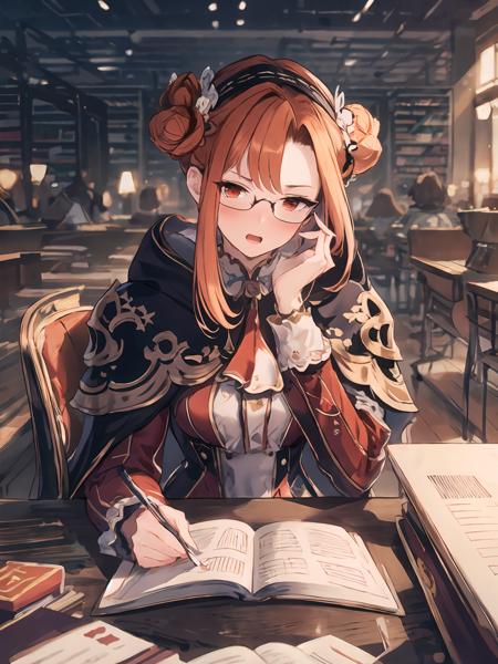 masterpiece,best quality,highres,cinematic lighting,dramatic angle,<lora:ShadowverseGingerV2-000030:0.8:lbw=jiangshi3>,orange hair,red eyes,hairbun,red and purple dress,frills,capelet,arm support,adjusting glasses,looking at viewer,glasses,books,library,sitting,desk,pov across table,chair,open mouth,embarrassed,shy,blush,depth of field,indoors