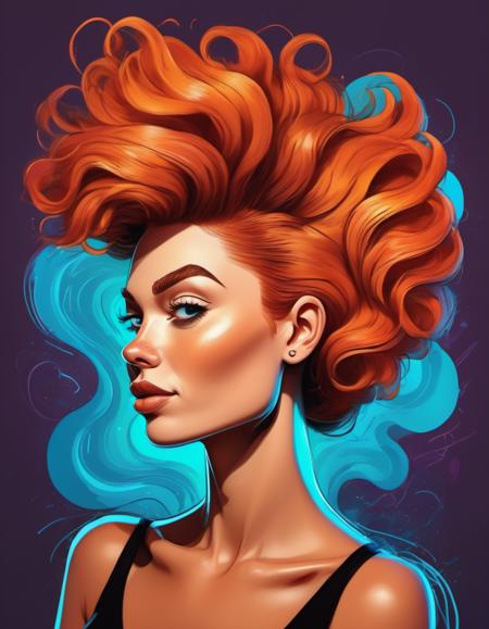 vector cartoon illustration of  a vibrant woman with hair that is  Ginger shag, vibrant fashion with a vivid radial gradient swirling  background <lora:Vector cartoon illustration-000008:1>