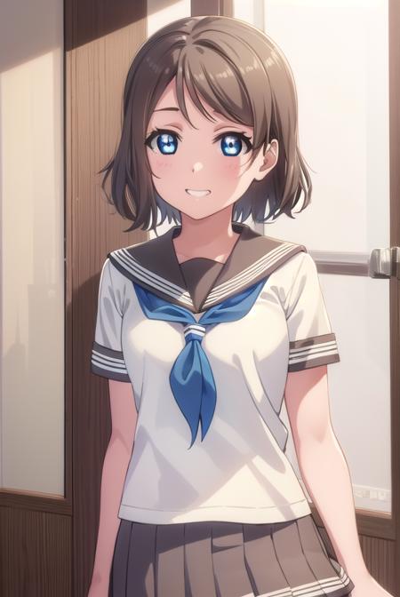 youwatanabe, <lora:you watanabe s2-lora-nochekaiser:1>,
you watanabe, short hair, blue eyes, brown hair, smile, grin,
BREAK skirt, school uniform, short sleeves, pleated skirt, serafuku, socks, neckerchief, kneehighs, black socks, (red neckerchief:1.2), grey skirt, uranohoshi school uniform,
BREAK indoors, classroom,
BREAK looking at viewer, (cowboy shot:1.5),
BREAK <lyco:GoodHands-beta2:1>, (masterpiece:1.2), best quality, high resolution, unity 8k wallpaper, (illustration:0.8), (beautiful detailed eyes:1.6), extremely detailed face, perfect lighting, extremely detailed CG, (perfect hands, perfect anatomy),