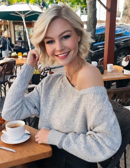 close up portrait photo of kallmekris, smiling,  looking straight, very happy,  wearing an off-shoulder sweater, black collar, in a outdoor cafe in 2015, afternoon light,