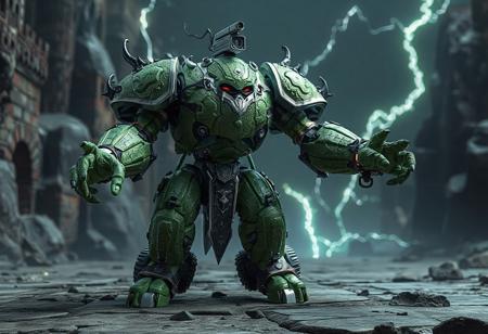 The image showcases a highly detailed, full-body 3D model of a Evil HERO Lightning Golem,Castle of Chaos backdrop. The Evil HERO Lightning Golem a green color palette and elaborate details elements, giving it a distinctive look. Its body is covered with a textured material, adding depth and intricacy to its form. The Evil HERO Lightning Golem's arms and legs are outstretched, each equipped with a Adamantine Sword Revival and wheels, suggesting preparedness and agility. The head features a camera, implying potential for navigation or surveillance. This captivating image showcases exceptional 4K quality, vivid colors, impeccable composition, and harmonious contrasts, making it