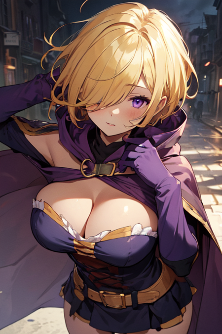 PearlHarem, 1girl, blonde hair, solo, hair over one eye, purple eyes, purple hood, cape, short hair, purple gloves, large breasts, cleavage, short dress, cloak