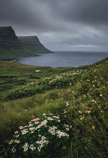 Faroe island. dark atmosphere, flowers in foreground , stacked, wide angle, tall grass hindering the view.