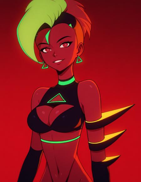 moika green hair, green earrings, collar, bare shoulders, cleavage cutout, crop top, neon, elbow gloves, red skin, thong, fishnets, thigh boots, spikes armwear, choker, pink skin, flat color, green thong, thighhighs, makeup