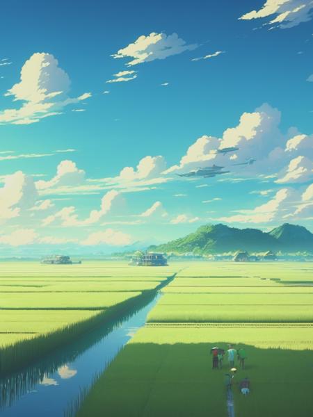 <lyco:MakotoShinkai:1.0> a scene of grass field with a few people operating personal cloud maker device over a rice paddy, makoto shinkai, 4k, futuristic