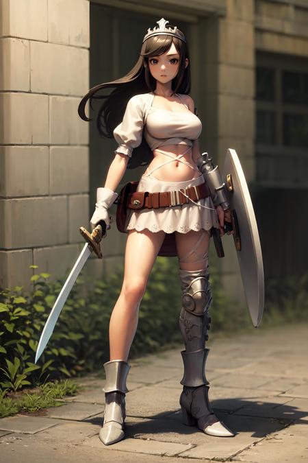 aishaarca tiara, armor, asymmetrical clothes, crop top, gloves, belt, belt pouch, skirt, greaves, vambraces, boots