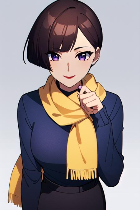 masterpiece, best quality, <lora:daidouji_sonomi:0.7> daidouji_sonomi, 1girl, solo, short hair, brown hair, purple eyes, looking at viewer, lipstick, makeup, looking at viewer, blue sweater, long sleeves, yellow scarf, blue skirt, pencil skirt, facing viewer, detailed face and eyes, smile, simple background, pink background, delicated ilumination