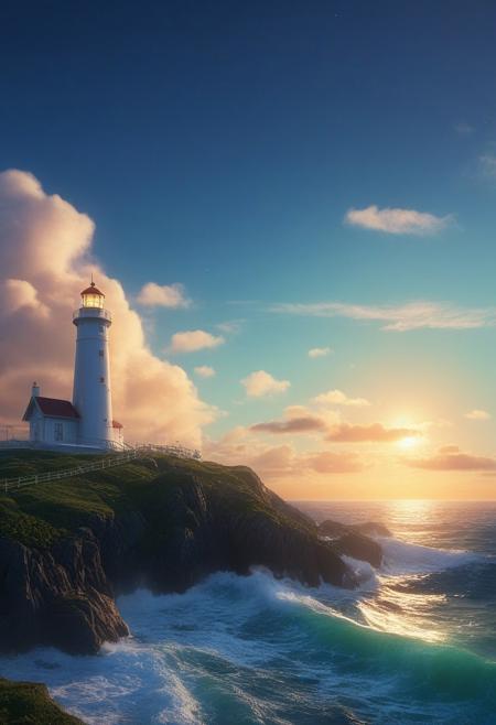 professional 3d model of ocean,lighthouse ,
an ethereal glowing ocean, with gentle waves, glowing creatures, tranquil ambiance, hidden beauty,
a serene cloudscape, with fluffy white clouds, gentle winds, and a brilliant blue sky, offering a sense of peace and tranquility,
aurora borealis atmospheric,
Rainbow after rain Weather,
twightlight ,
epic composition, cinematic,anime,
<lora:add-detail-xl:0.3>,
<lora:游戏概念场景（二次元方向）:1> HEZI,, octane render, highly detailed, volumetric, dramatic lighting