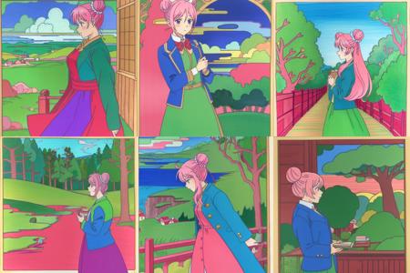 <lora:sugarlife03-000004:0.8>, satou, pink hair, hair buns, blue jacket, green skirt, bilibin, by ivan bilibin, tales, magic <lora:bilibinStyleIllustrations_any3:0.6>,