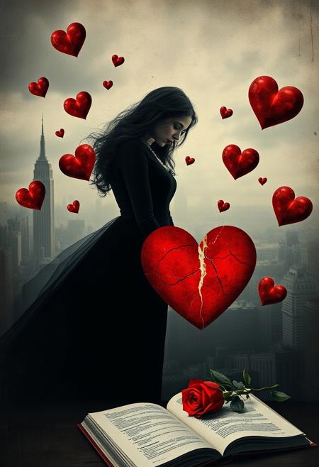 surreal emotional scene, woman in black, cracked red heart, floating hearts, grayscale cityscape, symbolic love and sorrow, open book and rose, selective red color, moody atmosphere, introspective tone, surreal background, emotional contrast, artistic symbolism, dramatic lighting, mid-century modern surrealism, eerie yet elegant, haunting chiaroscuro lighting, melancholic dreamscape, distressed painterly textures, muted vintage color palette, deep shadows and golden highlights, surreal human-organic fusion