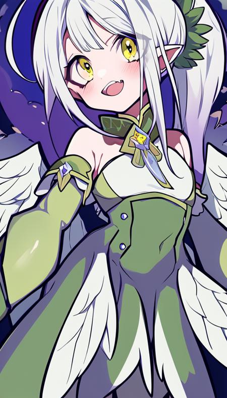 perspective,smug, 1girl, animal hands,bare shoulders, bird tail, blush,  claws, detached sleeves,  feathered green wings, gloves, hand up, harpy,  looking at viewer, monster girl, open mouth, pointy ears, ponytail, sidelocks, tail green feathers, feathery,  white hair,   winged arms, yellow eyes, clawed , mountaintop, sky, by sy4