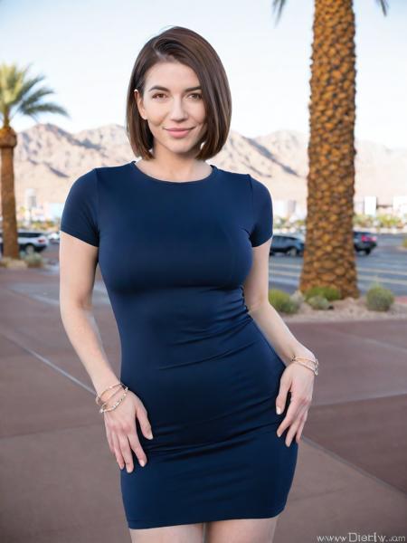 ahahn, cinematic photograph of 1girl in a navy short-sleeved bodycon dress with hands on hips, heavy eyelids, no makeup, medium  bob haircut,  large breasts, slender body, brown hair, smile, bracelets, (skin details):2,, looking at viewer, (parted lips):1.3, ((las vegas), sharp focus) depth of field
