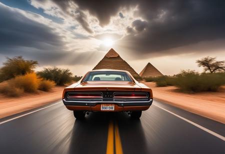 cinematic photo of dodge Charger 1968, magnificent three pyramids of Giza appear clearly, charm, highly detailed car, Professional lighting, full of life, Lively and energetic, 8K, rays of sun flow beyond heavy clouds, HDR, Fast & Furious movie, motion blur, moving tires, Cinematic Shot, Cinematic Lighting, amazing world, pure perfection, Need For Speed, wide angle exterior background, drifting, nebula horizon, wet asphalt road, autumn leaves.