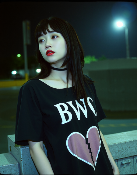 korean woman with very pale skin and black hair and wearing goth dress with the word "BWC" and a broken heart stamped on it in bold white letters and wearing no makeup and no lipstick, looking away, outdoors at night, leaning against concrete wall, candid photo, analog photography with film grain