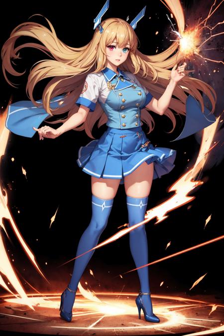 masterpiece, best quality, mwchan, heterochromia, headgear, blue shirt, blue skirt, blue thighhighs, high heels, large breasts, simple background, black background, standing, FEH, lightning, electricity, sparks <lora:morriswormchan-nvwls-v1-000010:0.7> <lora:FEH_Concept_v2:1>