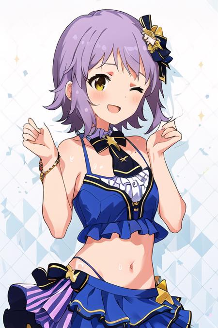 MIZUKI MAKABE,
Rarity SSR,
1girl, ;d, aqua bow, bangle, bare arms, bare shoulders, bikini, bikini top only, bikini under clothes, blue bikini, blue skirt, blush, bow, bracelet, breast pocket, breasts, collared shirt, cowboy shot, crop top, dolphin hair ornament, frilled bikini, frilled bikini top, frilled shirt, frills, front-tie top, hair bow, hair ornament, hands up, jewelry, layered skirt, light blush, looking at viewer, miniskirt, navel, one eye closed, open mouth, pocket, purple hair, rope, shirt, short hair, side-tie bikini bottom, sidelocks, simple background, skirt, sleeveless, sleeveless shirt, small breasts, smile, solo, standing, star (symbol), stomach, striped, striped bikini, swimsuit, wet, wet clothes, wet hair, white background, white shirt, yellow eyes
<lora:mirishita-v1.0:1>