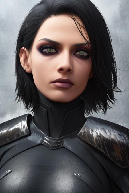 Trilla, short hair, green eyes, eye bags, eye shadow, looking at viewer,  serious, 
upper body,  close up,
TriArmor,cape,,armor,black gloves,tight bodysuit,black footwear,black cape,black pants,
raining,metal platform,night, realistic, 
(insanely detailed, beautiful detailed face, masterpiece, best quality),<lora:Trilla:0.7>,