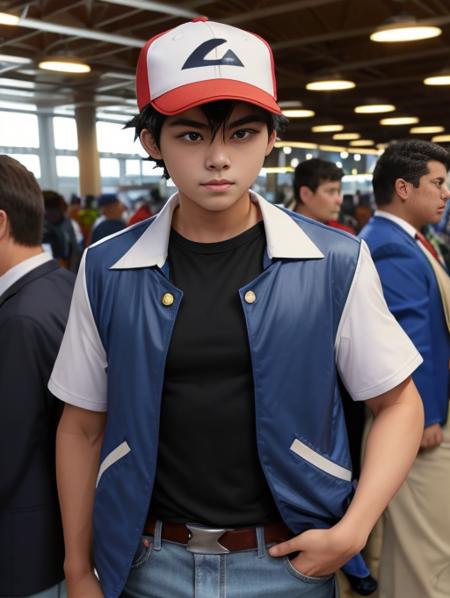 .35mm, 1boy, OGAshK, baseball cap, black hair, short hair, spiked hair, brown eyes, outdoors, indoors, convention, cosplay convention, blue jacket with white sleeves, black shirt, jeans, upper body,  realistic, vibrant, highly detailed, <lora:Detail - add_detail:0.2>, <lora:Character - AshOG:0.9>