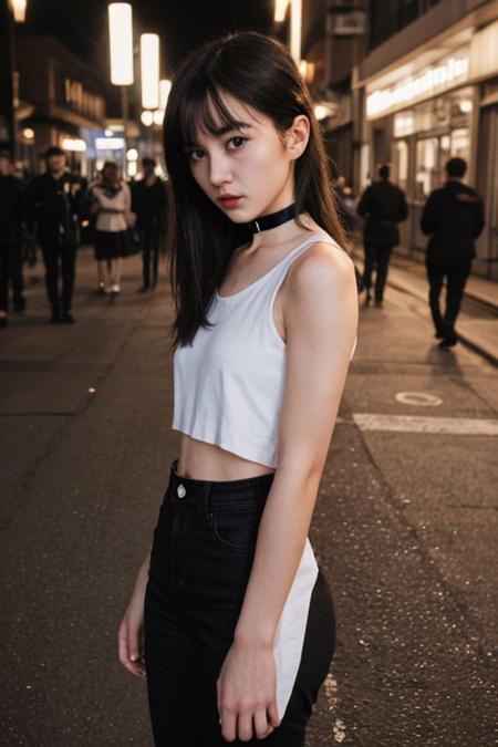 good hand,4k, high-res, masterpiece, best quality, head:1.3,((Hasselblad photography)), finely detailed skin, sharp focus, (cinematic lighting), collarbone, night, soft lighting, dynamic angle, [:(detailed face:1.2):0.2], photograph of a cute girl, blush, angry, seduce, shy, long black feathered bang hair, long neck, choker, small breast, petite body, Porta 160 color, sharp focus on subject, partial nudity, full body, small ass, thigh gap, goth streetwear, at night on the streets with racing cars, car girl, high heels, at night, night scene