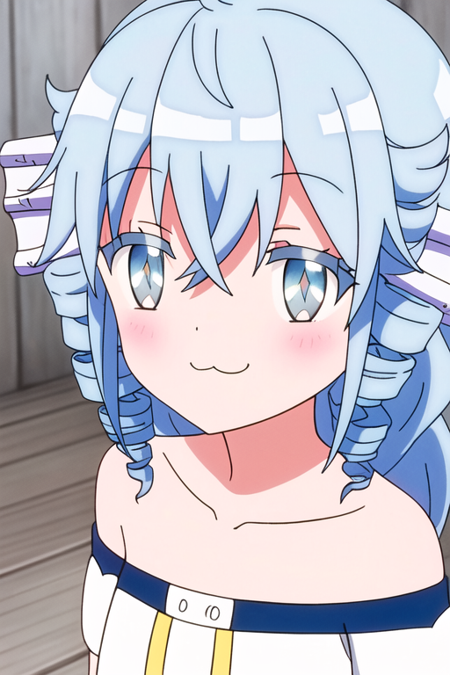 1girl, solo, blue hair, blue eyes, looking at viewer, drill hair, smile, blush, head fins, :3, portrait, collarbone, bare shoulders, hair between eyes, mermaid