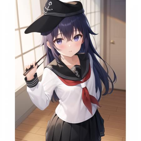 (masterpiece, best quality:1.2),illustration,8k,hd,1girl,solo,upper body,(portrait:1.2),long_hair,white serafuku,purple_eyes,anchor_symbol,flat_cap,purple_hair,black_hair,hair_between_eyes,black_headwear,black_skirt,long_sleeves,pleated_skirt,red_neckerchief,white school_uniform,skirt,black_pantyhose,black_sailor_collar,<lora:Akatsuki>,