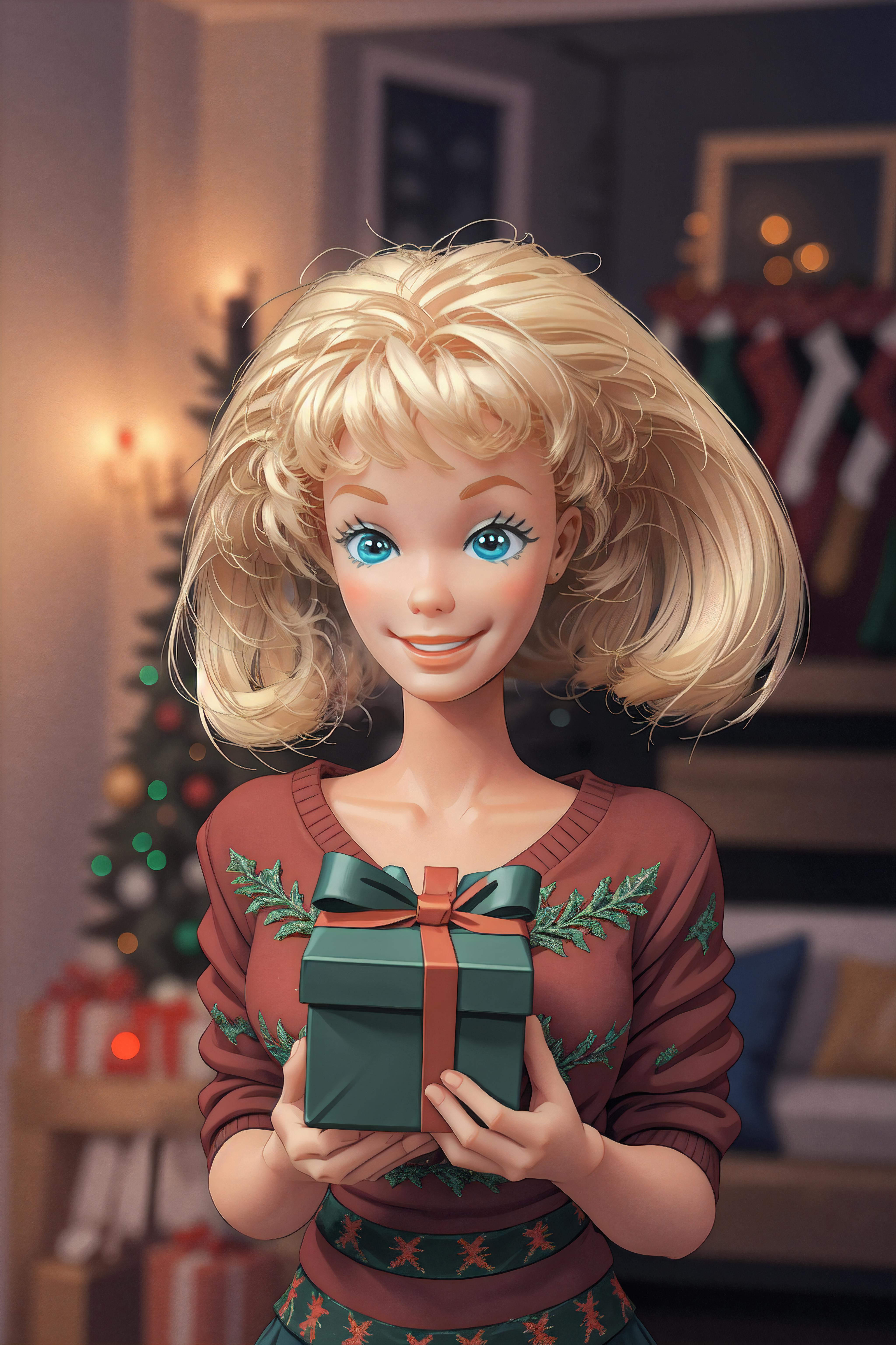 A beautifully rendered illustration of a young woman with blonde hair holding a green gift box.