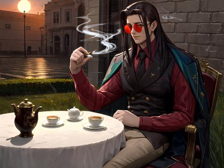 highres,masterpiece,best quality,1boy,<lora:ShadowverseIceschillendrigV3:0.75>,vest,formal,jacket,tie,sitting across table,afternoon,wearing red sun glasses,smoking cigarette,Western style courtyard,grass,Marble table,tablecloth,afternoon tea,deserts,black tea,gold-trimmed ceramic teacups,gold-timmed teapot,silverware,looking at viewer