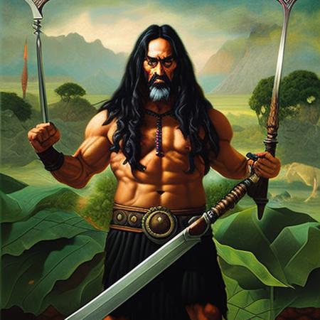 a portrait of a (huge muscled man: 1.3) holding a big sword, shirtless, very long black hair, focus on face, hyper realistic, detailed jungle background, mesoamerican setting, art by newhorrorfantasy_style