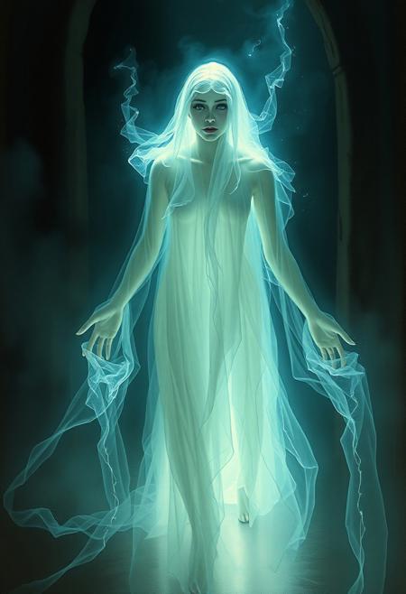 A hauntingly beautiful ghostly figure, illuminated by glowing plasma, emerging from the shadows. Realistic painting style with intricate details and lifelike textures. Inspired by the works of John Singer Sargent and Edgar Degas. Studio lighting creates a dramatic atmosphere for this concept art piece.