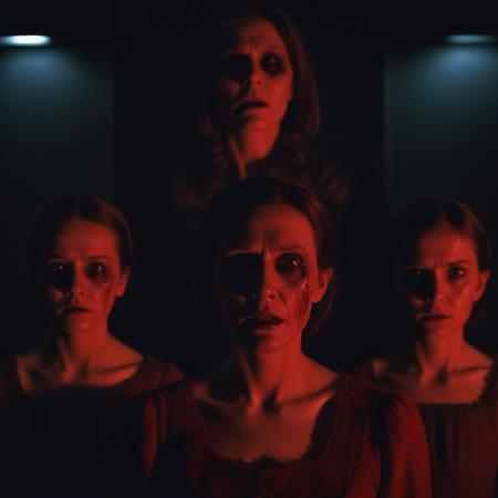 demons behind mother, symmetry, production still, dark horror, soft lighting, cinematic, red-core, 35 mm, panavision, visible film grain, highly detailed